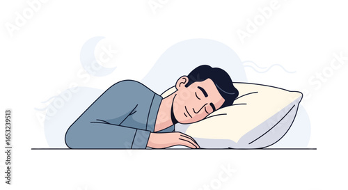 Peaceful slumber illustration depicting a man sleeping soundly on a pillow, showcasing relaxation and restfulness for sleep aid advertisements and wellness campaigns
