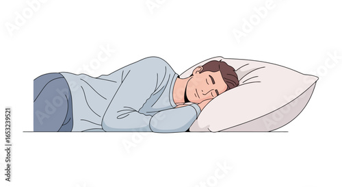 Serene depiction of a man sleeping peacefully on his side with a pillow, ideal for illustrating sleep hygiene, relaxation techniques, or sleep-related products