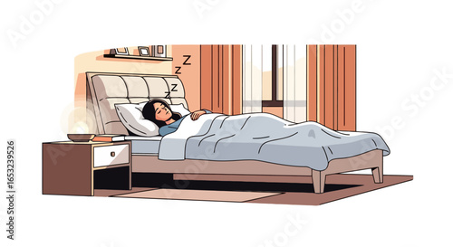 Tranquil Bedroom Illustration Depicting a Woman Sleeping Peacefully, Suitable for Sleep Aid Advertising, Wellness Content, or Lifestyle Design Projects.