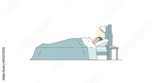 Minimalist Illustration of a Person Sleeping Peacefully in Bed with Lamp On, Ideal for Sleep Aid Ads, Wellness Blogs, or Promoting Sleep Hygiene