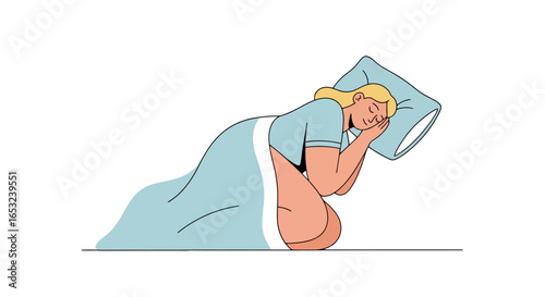 Illustration of a Woman Sleeping Peacefully in Bed, Curled Up with a Pillow and Covered by a Blanket for Health and Wellness Content