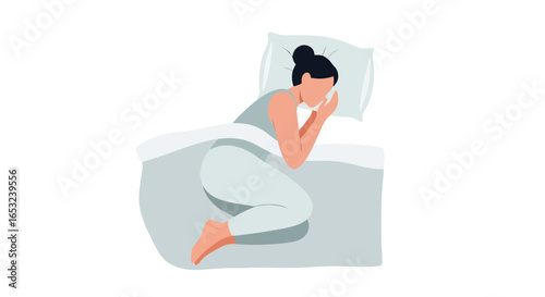 Woman Sleeping in Fetal Position on Bed, Illustrating Sleep Disorders and Healthy Sleep Habits for Medical and Wellness Content Creation