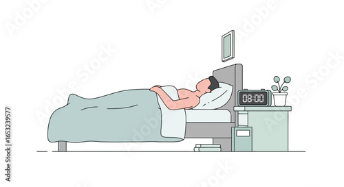 Illustration of a Man Sleeping Peacefully in Bed, Promoting Relaxation, Sleep Health, and Bedtime Routine Visualization for Wellness and Lifestyle Content