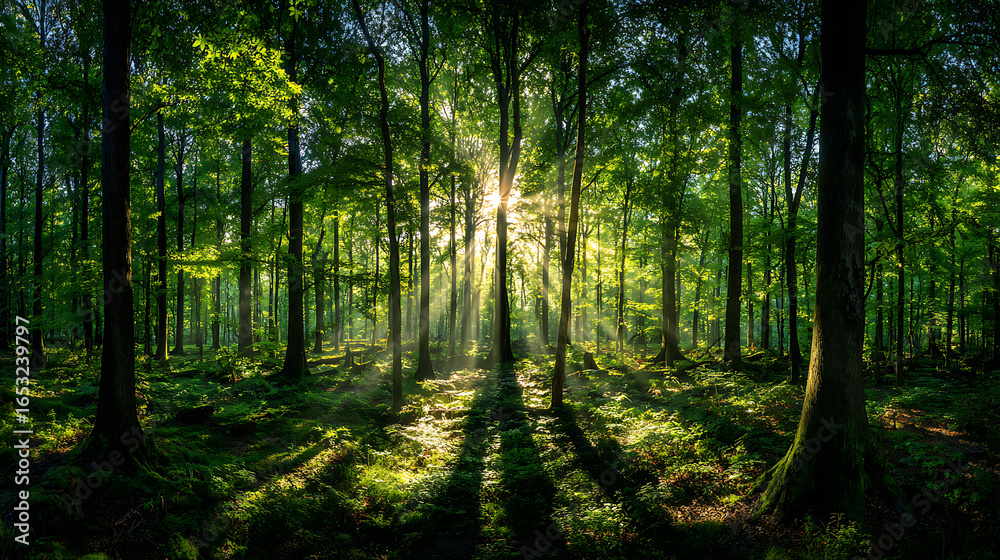 Naklejka premium Lush forest canopy bathed in golden sunbeams piercing through tall trees sunlight