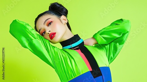 Stylish Asian Woman Posing in Vibrant Green and Colorful Fashion