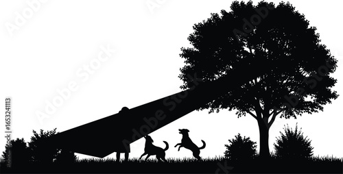 PrintBlack and white silhouette of person stargazing through telescope with two playful dogs, large tree, outdoor night nature astronomy scene vector illustration