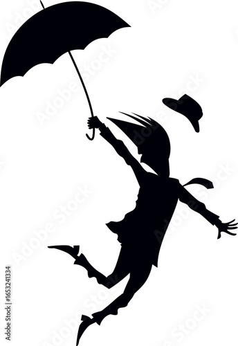 Man, umbrella, windy and rainy day. 
Man with umbrella staying on the strong wind. Black on white background
