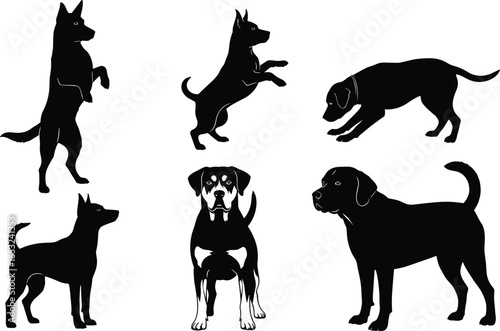 PrintBlack and white silhouette vector of six dogs in various poses, standing, jumping, sitting, crouching, showcasing diverse canine behavior illustration