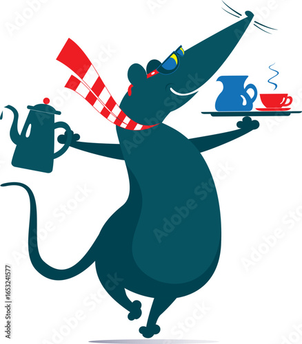 Rat or mouse hold coffeepot, cup and cream.
Smiling rat or mouse holding a coffeepot and tray with cup and cream on. Isolated on white background
