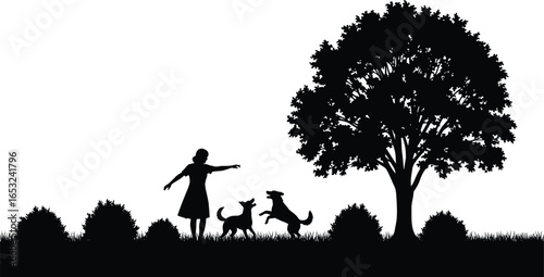 PrinBlack silhouette vector of person playing with two dogs near large tree in outdoor nature scene with grass and bushes illustrationt