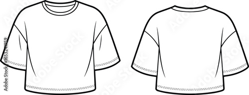 PrintBoxy crop t-shirt technical fashion flat sketch, front and back view, vector template for casual wear design, apparel illustration drawing