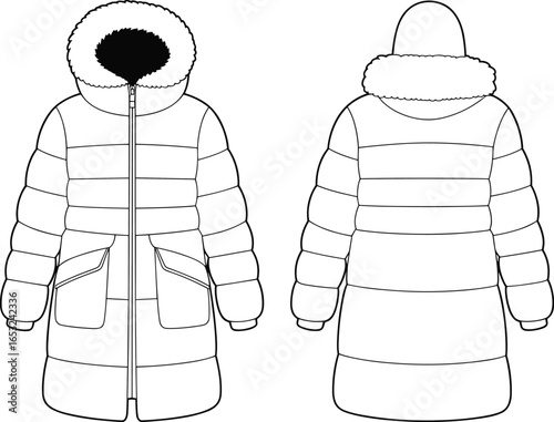 PrintFlat fashion sketch of women’s winter puffer jacket with hood and pockets, front and back view vector technical design illustration