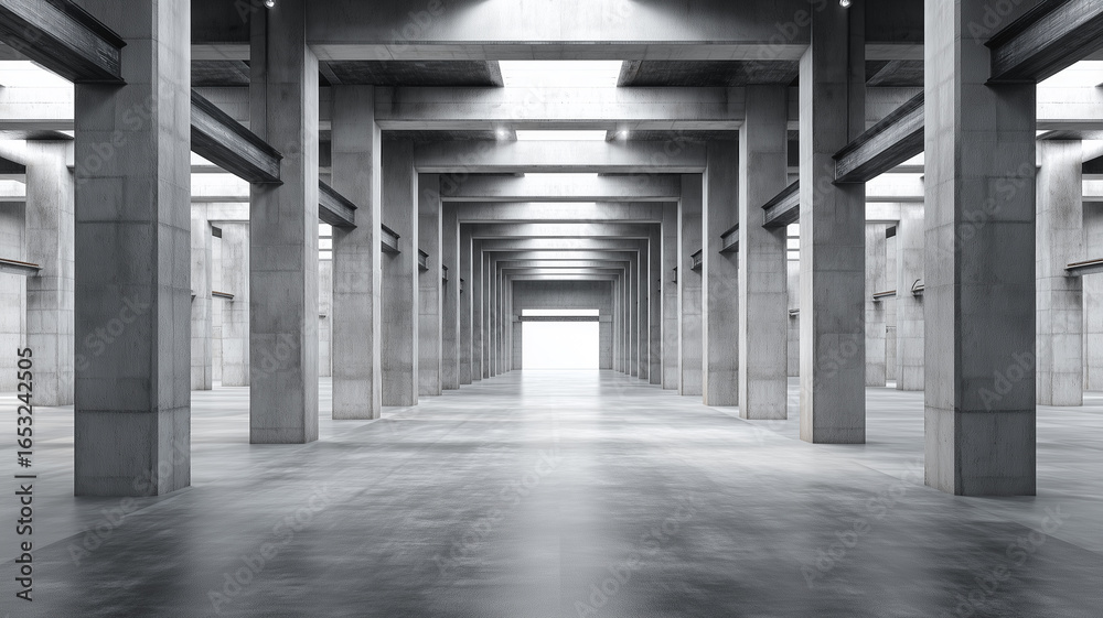 Naklejka premium Concrete corridor with repeating pillars and light