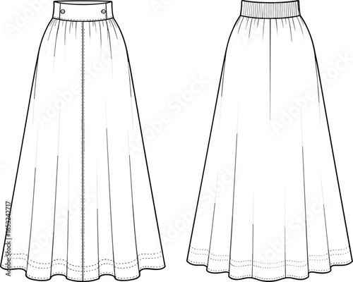 PrintLong women’s A-line skirt fashion flat sketch, technical vector illustration, front and back view design template for apparel industry use
