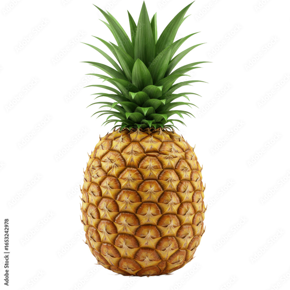 Fototapeta premium A single, ripe pineapple displays its vibrant yellow-gold skin and striking green crown against a stark black background.