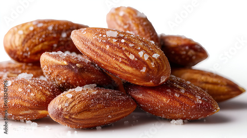 Pile of seasoned almonds: A close-up view of roasted almonds sprinkled with salt against a white backdrop.