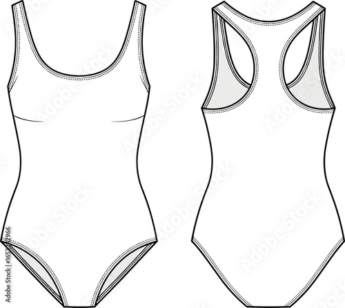 PrintOne-piece swimsuit fashion flat sketch, front and back technical drawing, vector template for women's swimwear, athletic swim design illustration