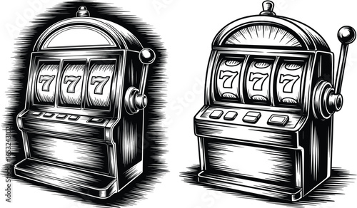 Vintage Slot Machine Clipart Black and White Casino Illustration.