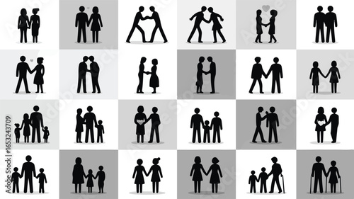Diverse human figures interacting in various relationships and family structures people silhouettes