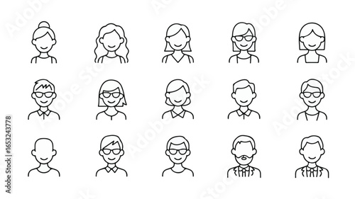 Diverse minimalist line art avatars of people with various hairstyles and attire profile faces