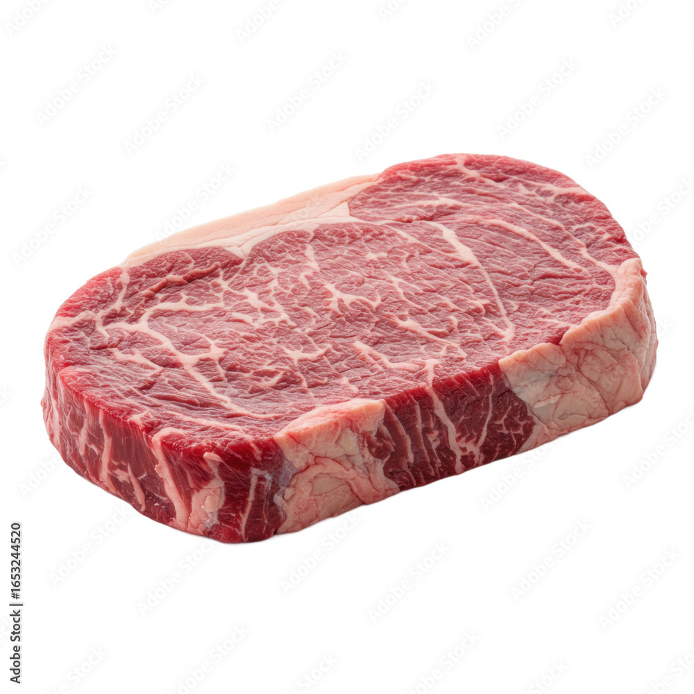 Obraz premium A fresh, raw steak slice, featuring a rich red hue and prominent marbling patterns, is displayed against a black background.