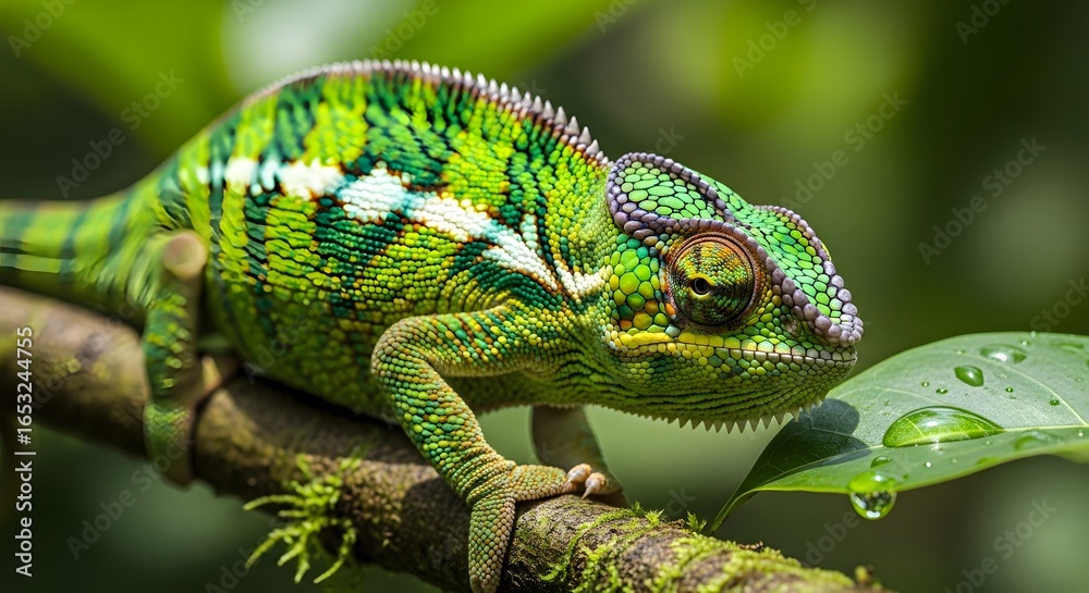Obraz premium Colorful Green Chameleon on Branch with Leaf in Natural Environment