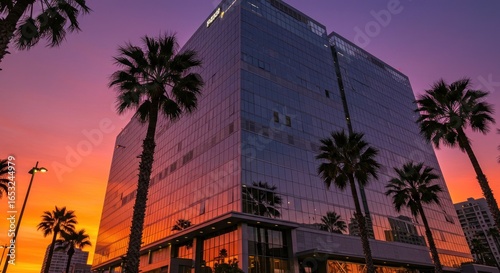 A modern glass building reflecting a vibrant sunset sky, framed by palm trees in an urban setting.