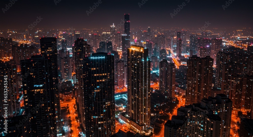 Fototapeta premium Night cityscape with illuminated skyscrapers and buildings, showcasing urban architecture and city lights.