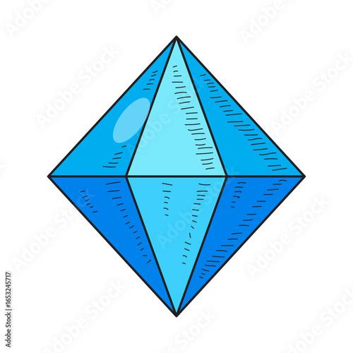 Geometric Diamond Illustration: A meticulously crafted geometric diamond, with a clear blue hue, is rendered in a simple illustration, perfect for graphic design, symbol, and pattern elements.