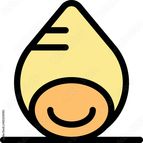 Cartoon chick wearing yellow bonnet, smiling and sitting on a line