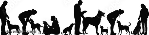 PrintSilhouette vector illustration of people with dogs in various poses, showing petting, walking, training, and playful outdoor companionship scenesSilhouette vector illustration 