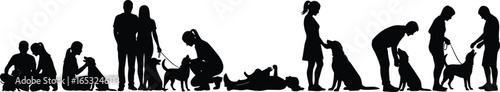 PrintSilhouette vector illustration of people with dogs in various poses, showing training, petting, sitting, and playful outdoor companionship activities