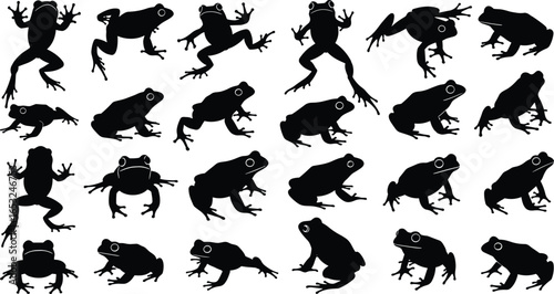 PrintSilhouette vector illustration of twenty frogs in various poses, standing, crouching, leaping, detailed body shapes, grid layout, creative design concept