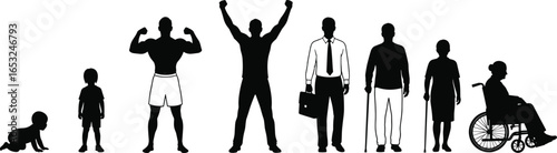PrintSilhouette vector illustration showing stages of human life and mobility, from infancy to old age, including disability, achievement, and aging