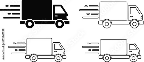 PrintVector illustration of fast delivery trucks with motion lines in various styles for logistics, shipping, courier, and express transport design.