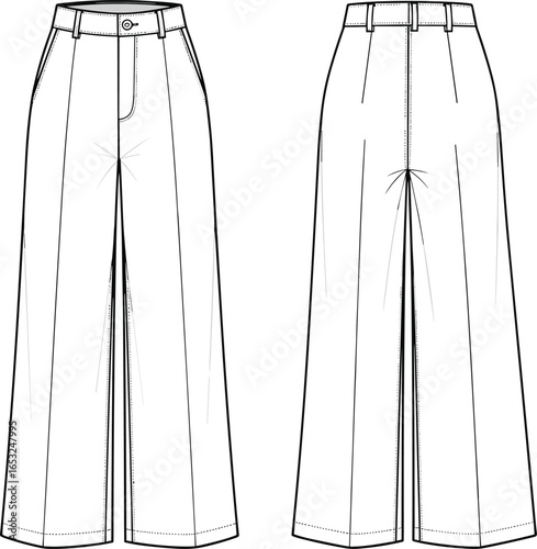 PrintWide leg pants technical flat sketch, front and back view, high waist trousers vector illustration, fashion CAD template, clothing design outline
