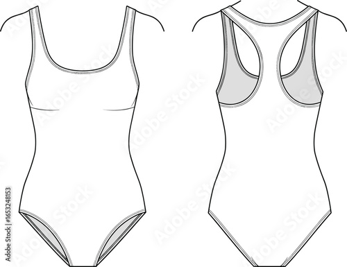 PrintWomen’s one piece swimsuit flat sketch, front and back view, sleeveless swimwear fashion illustration, 