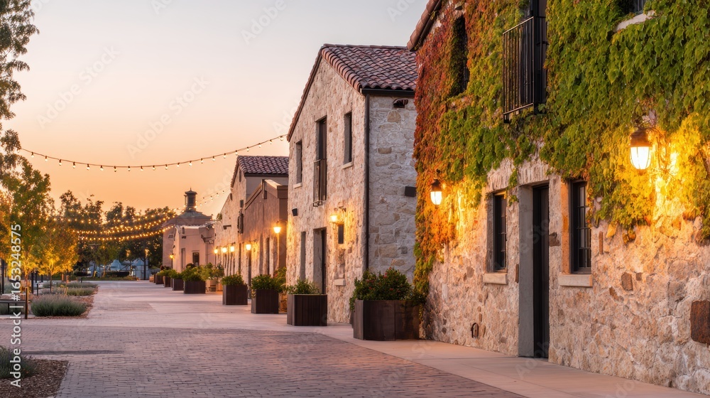 Fototapeta premium Charming stone buildings adorned with ivy line a tranquil pathway at sunset, with warm lights glowing softly