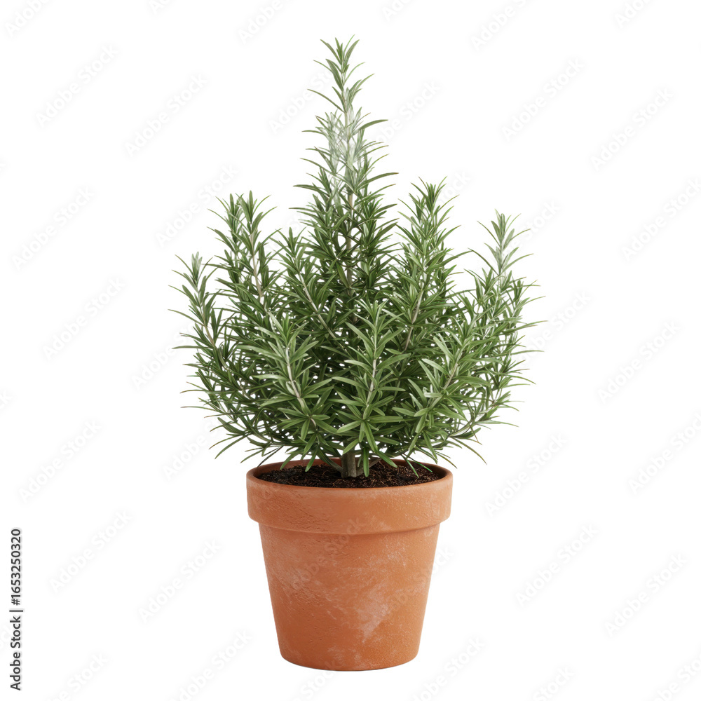 Fototapeta premium A vibrant rosemary plant in a terracotta pot stands out against a plain background.