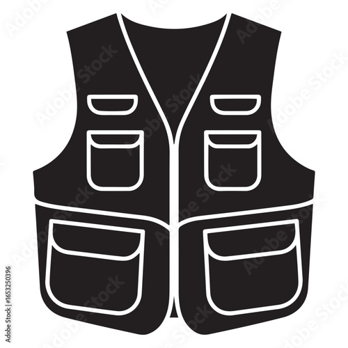Black fishing vest with multiple pockets outdoor apparel. Vector black silhouette. with white background