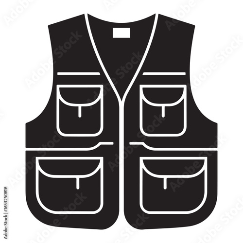 Black fishing vest with multiple pockets outdoor apparel. Vector black silhouette. with white background