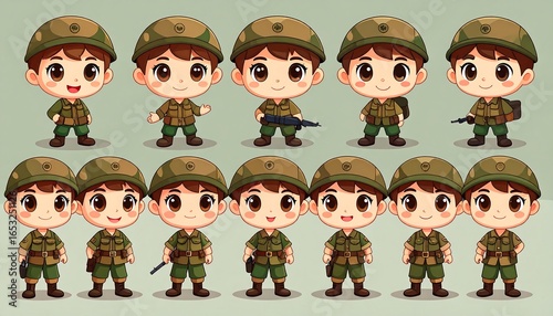 Cute cartoon soldiers in military uniforms