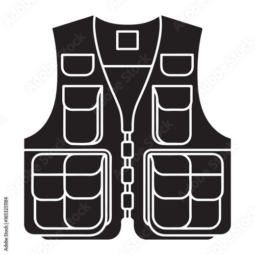 Black fishing vest with multiple pockets outdoor apparel. Vector black silhouette. with white background