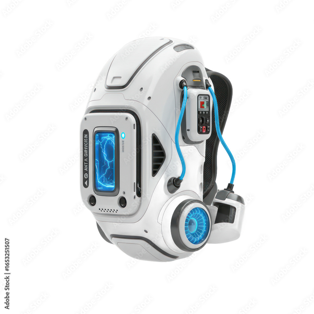 Naklejka premium A futuristic, white backpack-like device, showcasing intricate technological details and vibrant blue accents, commands attention.