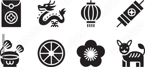 Chinese New Year Icons Set Red Envelope Dragon Lantern Orange Cat Silhouette Vector