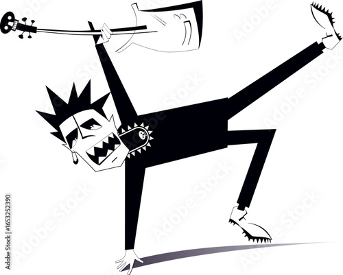 Alternative rock. Singing guitar player. Black and white illustration