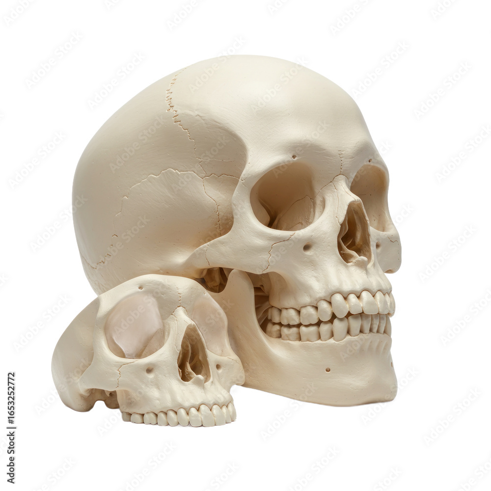 Naklejka premium Two human skulls, one large and one small, are presented against a black background, highlighting the comparative sizes and anatomical details.