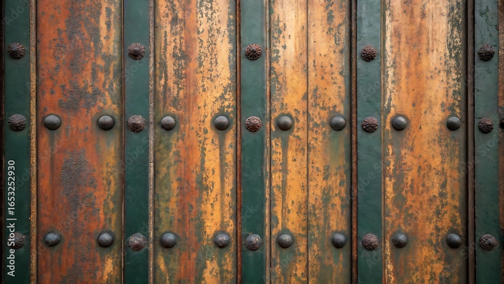 Fototapeta premium Old wooden door with green paint and rusty metal studs and nails