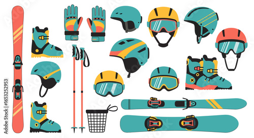 Winter Sports Equipment Collection: Skis Boots Helmets Gloves and Poles.