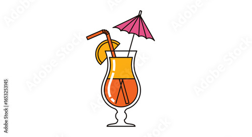 Tropical Cocktail Illustration with Orange Slice Straw and Pink Umbrella.